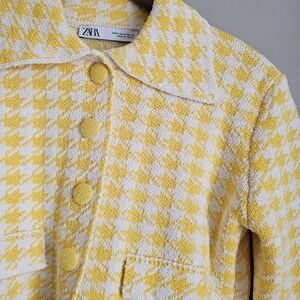 Zara Houndstooth Spring Cropped Knit Blazer Suit Jacket Yellow White Influencer